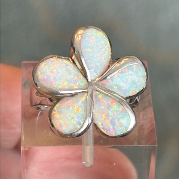 Stunning Opal Inlay Flower Ring solid Sterling Silver 925 Artisan Made sz 6 7/8 - Picture 8 of 12